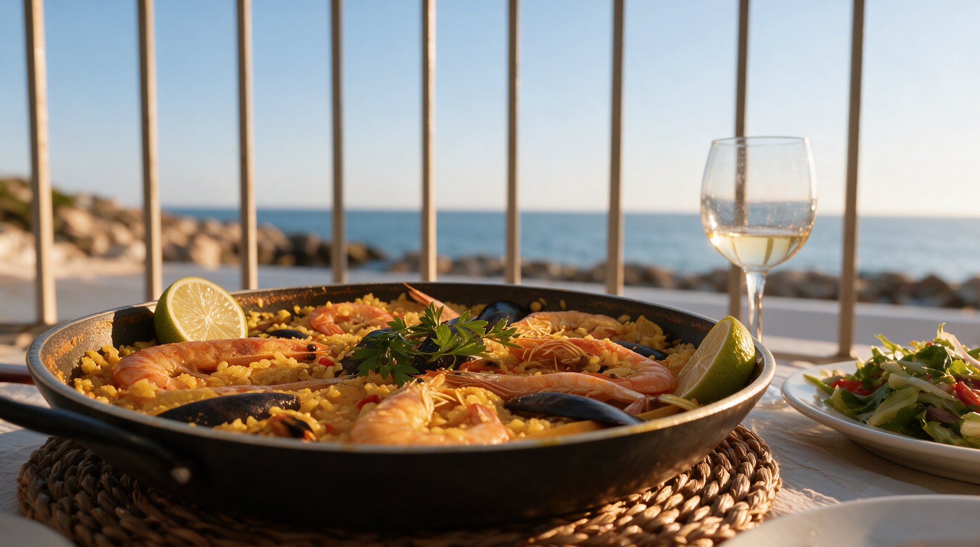 Terraza de Restaurante La Viuda frente al Mediterráneo, paella y copa de vino blanco a la hora dorada sobre el mar