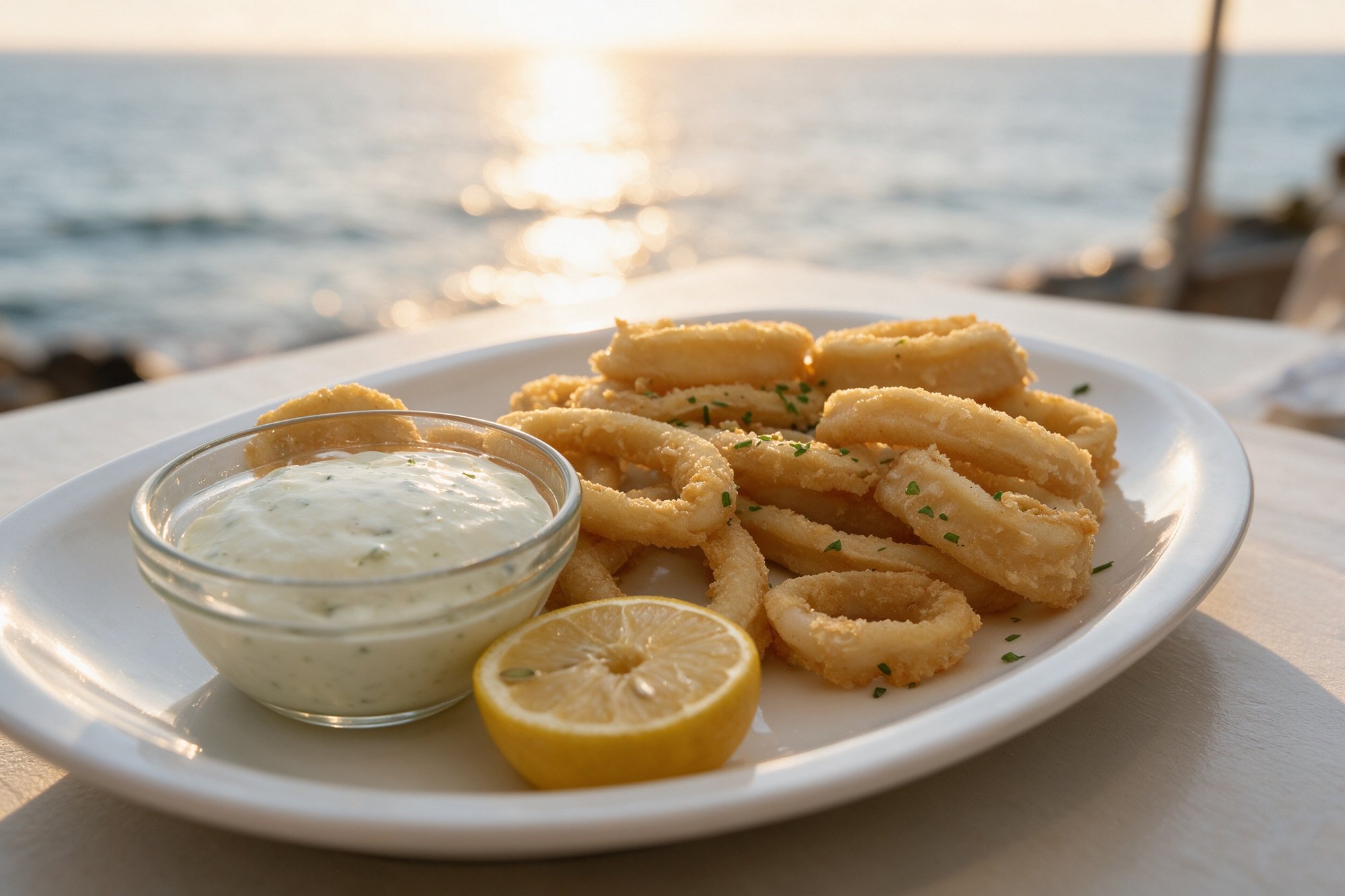 Calamares a la Romana de Restaurante La Viuda, anillas de calamar doradas y crujientes con cebolleta picada en plato ovalado blanco, cuenco de salsa y gajos de limón
