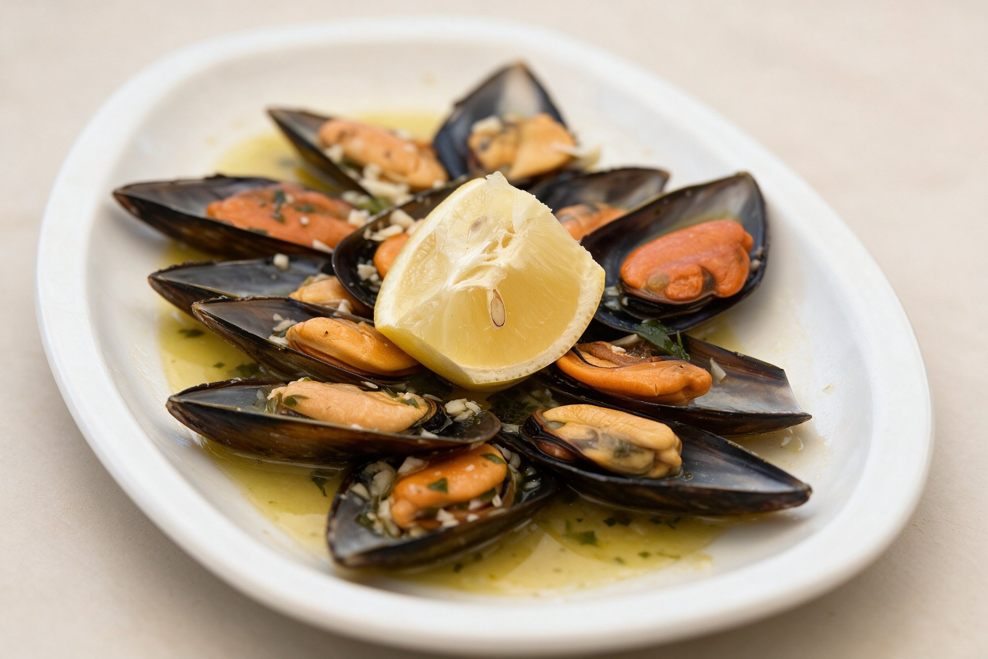 Mejillones al Ajillo de Restaurante La Viuda, mejillones frescos en plato ovalado blanco con gajo de limón