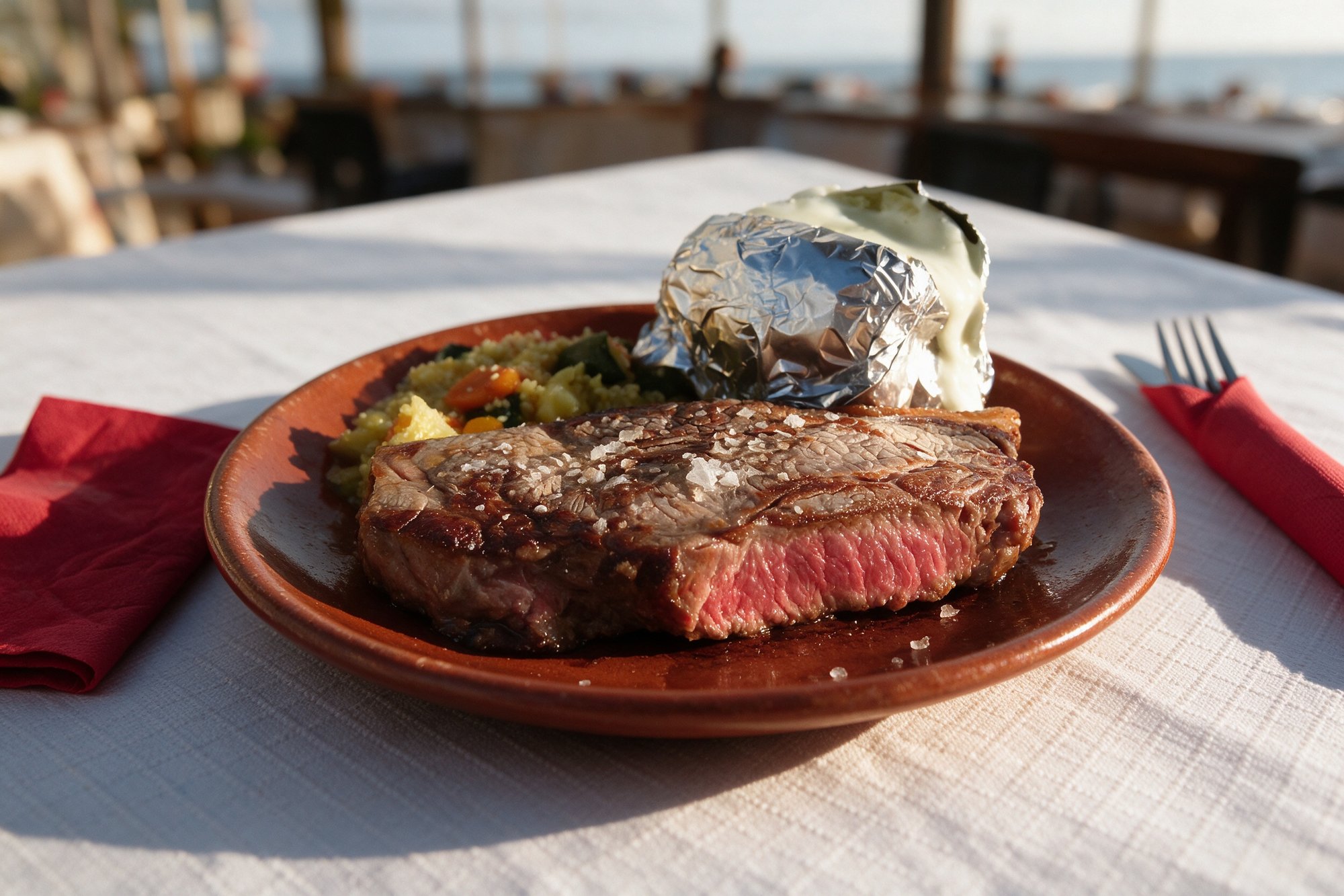 Entrecot de vaca de Restaurante La Viuda, corte grueso a la brasa con sal gorda, costra dorada e interior jugoso, acompañado de cuscús de verduras y patatas asadas en plato de barro rojo