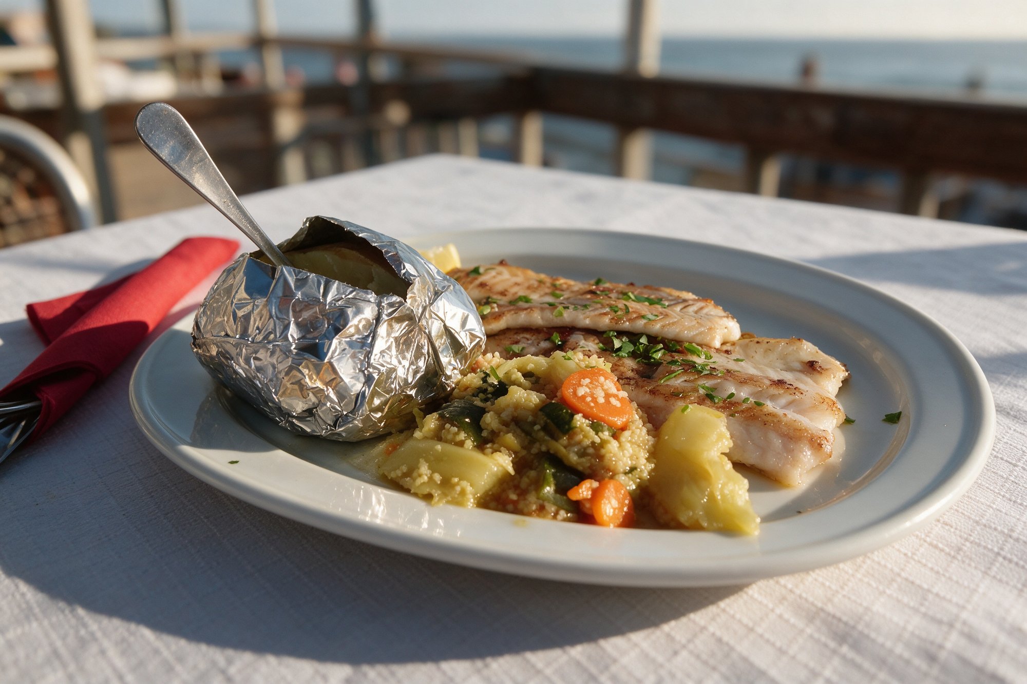 Lenguado a la plancha de Restaurante La Viuda, lomo de pescado con perejil, acompañado de cuscús de verduras, patatas asadas y gajos de limón en plato ovalado blanco