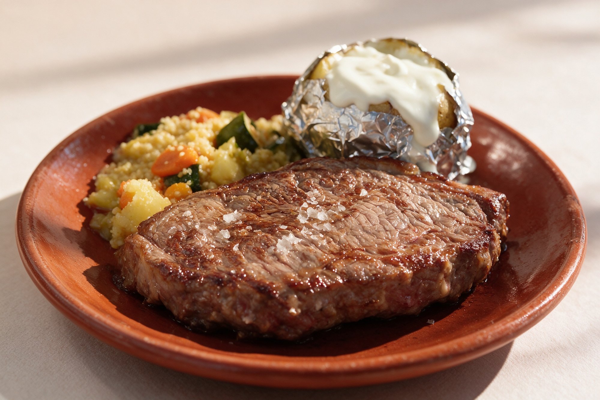 Entrecot a la Plancha de Restaurante La Viuda, entrecot de ternera con cuscús y patatas asadas en plato de barro
